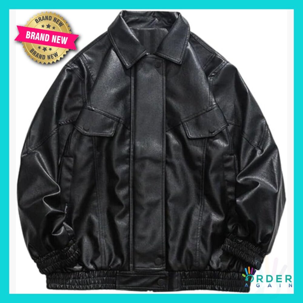 Oversized Faux Leather Bomber Jacket Retro Vintage Biker Moto Style